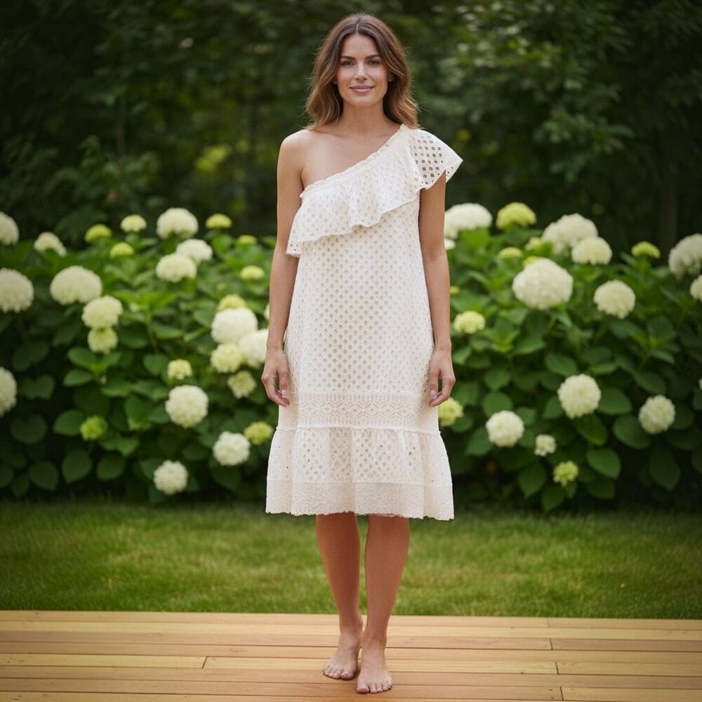 Tory Burch Zoe Soft White Eyelet One Shoulder Dress Size 10 ORIG $395